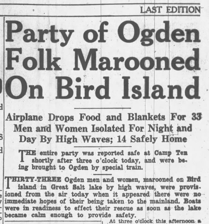 UtahRecorded's tweet photo. Today’s blog post is a little bit of a Gilligan's Island adventure with a sprinkling of Hitchcock’s The Birds. Click in to read the story of how a group of Ogden tourists were marooned on a tiny avian island in the Great Salt Lake in 1933.
https://t.co/bcLfhYsjwU https://t.co/3vGyUkPXmG
