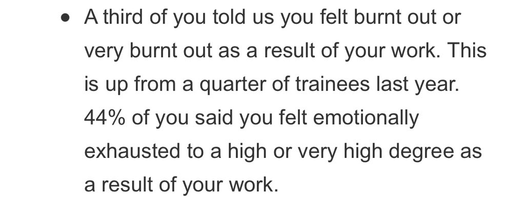This is extremely significant from the GMC National Training Survey. This proportion is also likely to only increase as demand increases and trainees are stretched further. The question now is, what do we do to fix it? Yoga and resilience training clearly haven’t helped…