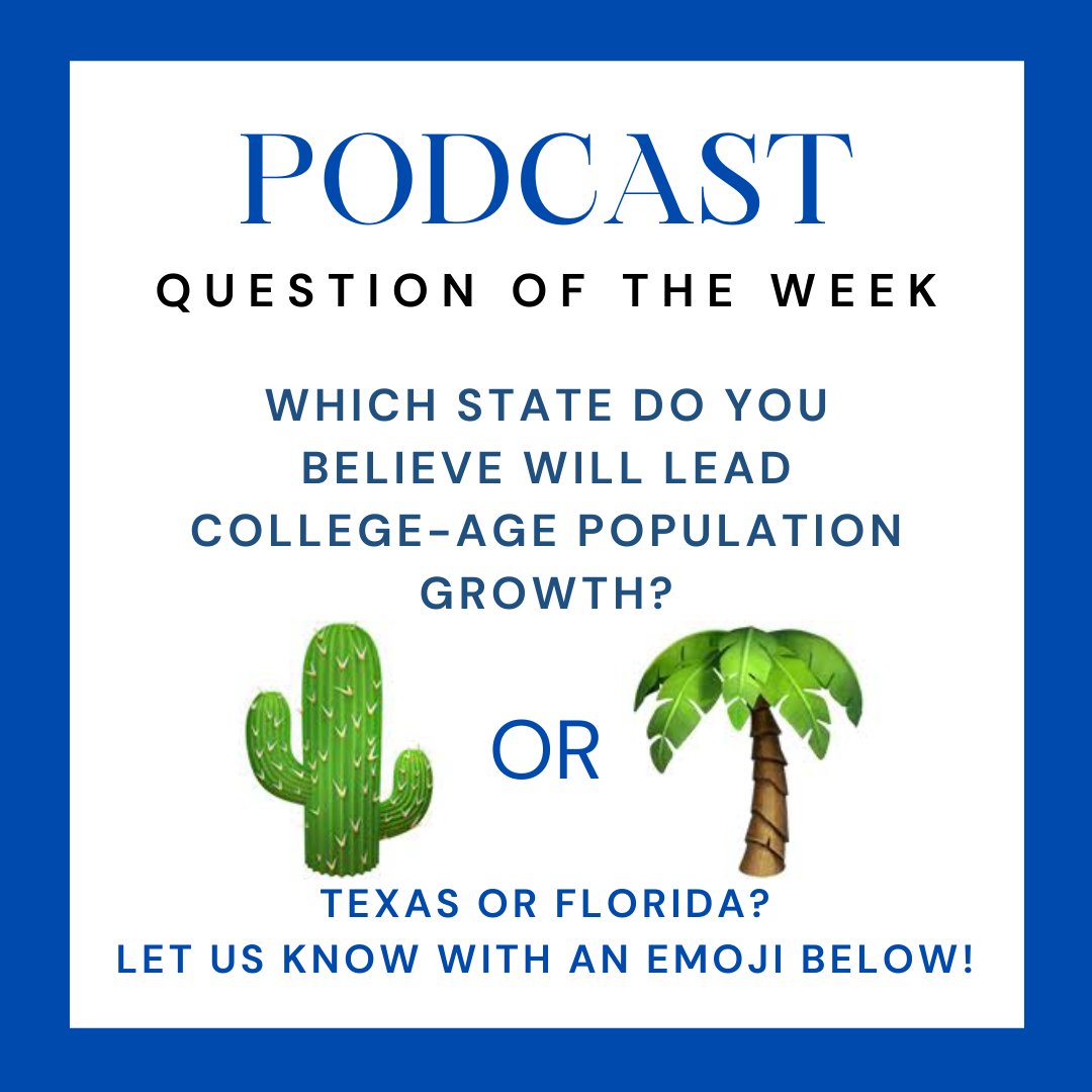GoodLifeHP's tweet photo. Which state do you believe will lead college-age population growth: Texas 🌵 or Florida 🌴? Comment 🌵 or 🌴 and let us know!
Have a question for us? Send it to pod@goodlifehp.com. You might even be featured on the show!
#QOTW #glhp #goodlifehousing #collegegrowth https://t.co/wCOubSkBkd
