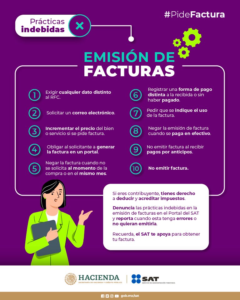 SATMX's tweet photo. ¿Pediste factura y no te la dieron? Reconoce las prácticas indebidas en la emisión de facturas.

Denuncia aquí: https://t.co/B10BLutcFa https://t.co/eHg0jnhKki