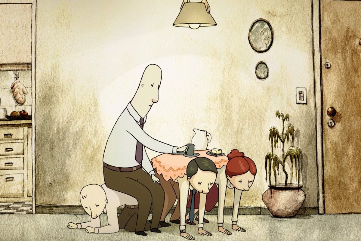 A still from “El Empleo,” by Santiago Grasso and Patricio Plaza. An animation of a man sitting down drinking coffee in an apartment. The table he is sitting at and the chair he is sitting on are created by other figures bent into position. A pair of hands extending from the top of the frame holds a lampshade and light above his head.