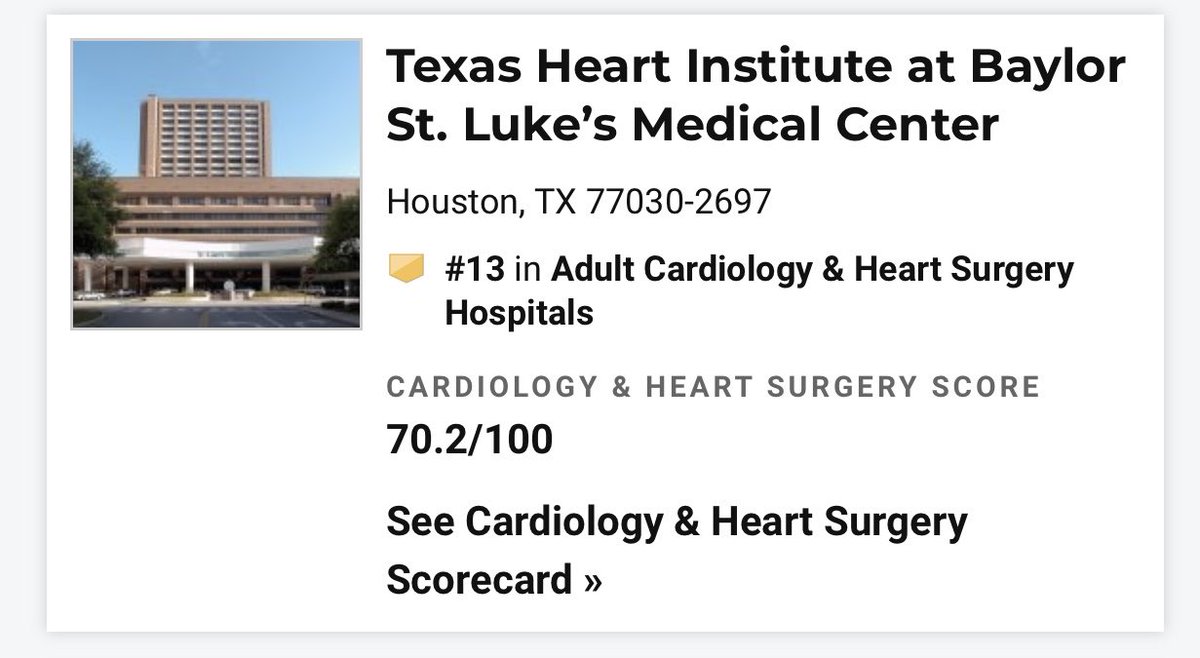 So absolutely proud of ⁦@Texas_Heart⁩ ranked BEST Adult Cardiology and Heart Surgery hospitals in Houston and #13 in the nation by #USNWR ⁦@BCMDeptMedicine⁩ ⁦@BCM_Surgery⁩