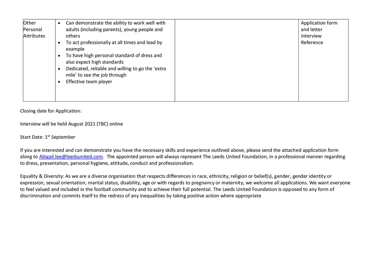 Leeds United Foundation Female Youth Pathway (@leedsunitedrtc) on Twitter photo We are recruiting a lead coach for our female education programme launching in September...
Please to express interest email: abigail.lee@leedsunited.com
See job spec below ⬇️ We are recruiting a lead coach for our female education programme launching in September...
Please to express interest email: abigail.lee@leedsunited.com
See job spec below ⬇️