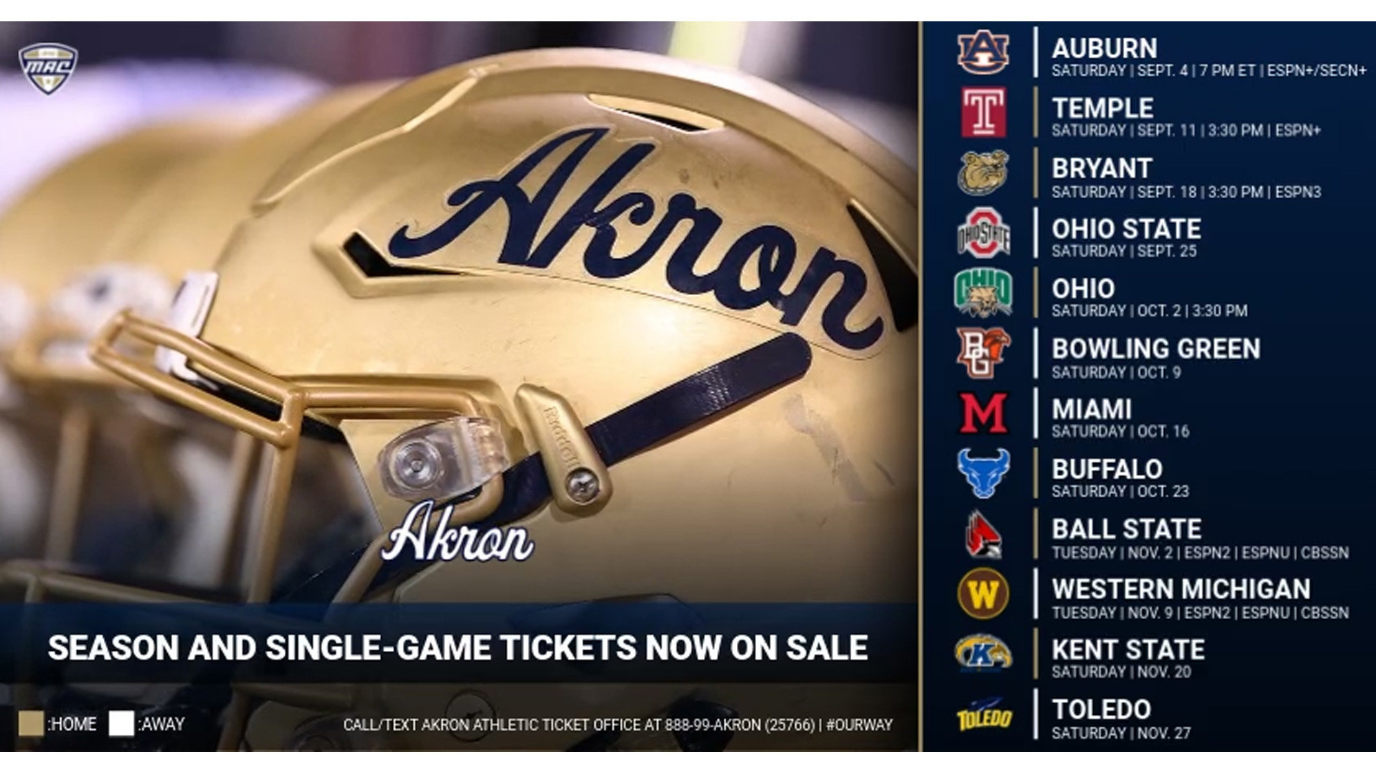 Akron Football on X: "@ZipsFB season ticket plans, which include a ticket  to all six home games, and single-game tickets for the 2021 season, can be  purchased now by calling or texting