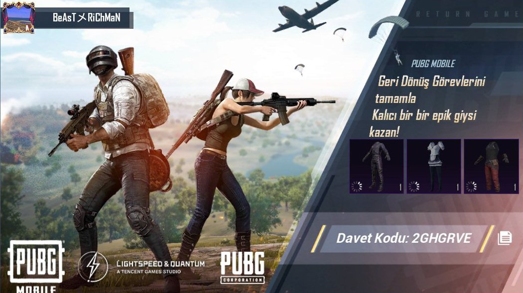 PUBG MOBILE Geri Dönüş Görevlerini tamamla! Kalıcı bir epik giysiyi ücretsiz olarak kazan! Davet kodum: 2GHGRVE share.pbgcj.com/recallfriend.p…