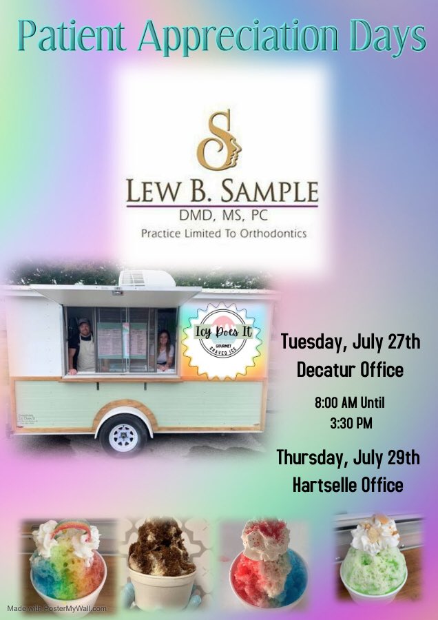 DrLewSample's tweet image. TODAY AT OUR DECATUR OFFICE!  
Patient Appreciation Day! 

8:00AM -3:30 PM 

“Icy Does It” will be in our parking lot. 
Come in the office to get your ticket for free treat!