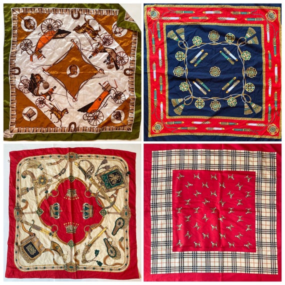 Vintage Scarf Group of 4 Novelty Equestrian Pure Silk Colourful Printed Scarf Collection by VintageScarfBox dlvr.it/S4W0zg