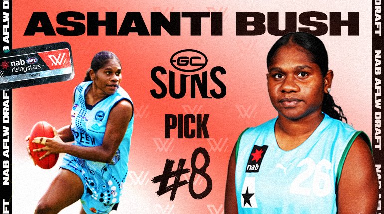 AFLNT (@aflnt) on Twitter photo Ashanti Bush is heading to the <a href="/GoldCoastSUNS/">Gold Coast Suns</a> <a href="/aflwomens/">AFL Women's</a> team after being picked up at number EIGHT! ☀️More: aflnt.com.au/news/2021/bush… #territoryfooty #AFLWDraft Ashanti Bush is heading to the <a href="/GoldCoastSUNS/">Gold Coast Suns</a> <a href="/aflwomens/">AFL Women's</a> team after being picked up at number EIGHT! ☀️More: aflnt.com.au/news/2021/bush… #territoryfooty #AFLWDraft