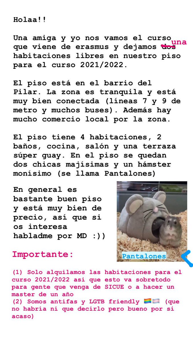 nerlaaa's tweet photo. ⚠️Se alquila habitación en madrid para el curso 2021/2022!!! ⚠️
Sobre todo para gente de SICUE o de master de un año.
Somos gente majisima guapisima y LGTB 🏳️‍🌈🏳️‍⚧️ y el piso es super guay :))
Mas info por MD y ayudadnos a difundir porfa <33 https://t.co/C9x5Qo0Gmv