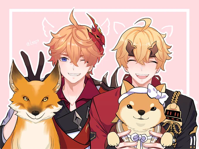 Welcome to Inazuma~ 🦊🐶

--

#原神 #GenshinImpact #genshinimpactfanart 
#foxy #doggo #childe #thoma #taroumaru 