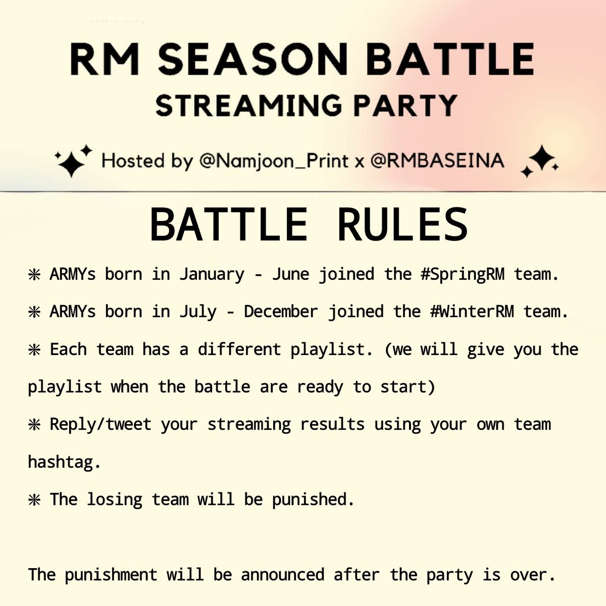 Namjoon_print's tweet photo. 🌸🌸🌸 RM SEASON BATTLE 🌸🌸🌸

aRMys you ready for the party at 9PM KST? If you are, please see the rules below. 

If there's some questions, feel free to ask.
#방탄소년단RM #남준 @BTS_twt https://t.co/FiDamrCyjr