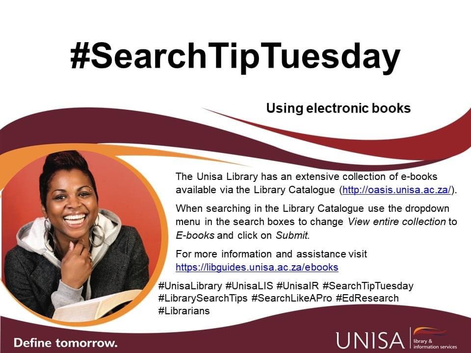 UnisaLibrary's tweet photo. Here's today's tip on how to effectively use your e-books. Find them here: https://t.co/j8DuyCnEXA  and for more assistance visit https://t.co/8ZQjFBbHTn 
#UnisaLibrary #UnisaLIS #UnisaIR #SearchTipTuesday #LibrarySearchTips #SearchLikeAPro #EdResearch #Librarians https://t.co/rglsSWIOy6