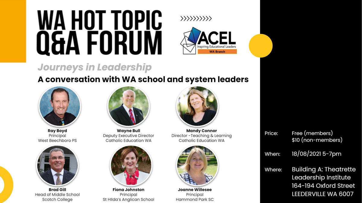 Join our <a href="/ACELWA/">ACEL WA</a> executive team for a ‘Hot Topic’ session - “Journeys in Leadership” where you’ll 
hear 6 experienced &amp; passionate leaders from independent, Catholic &amp; public education sectors share their leadership journeys. acel.org.au/acel/ACELWEB/A… #edleadAU