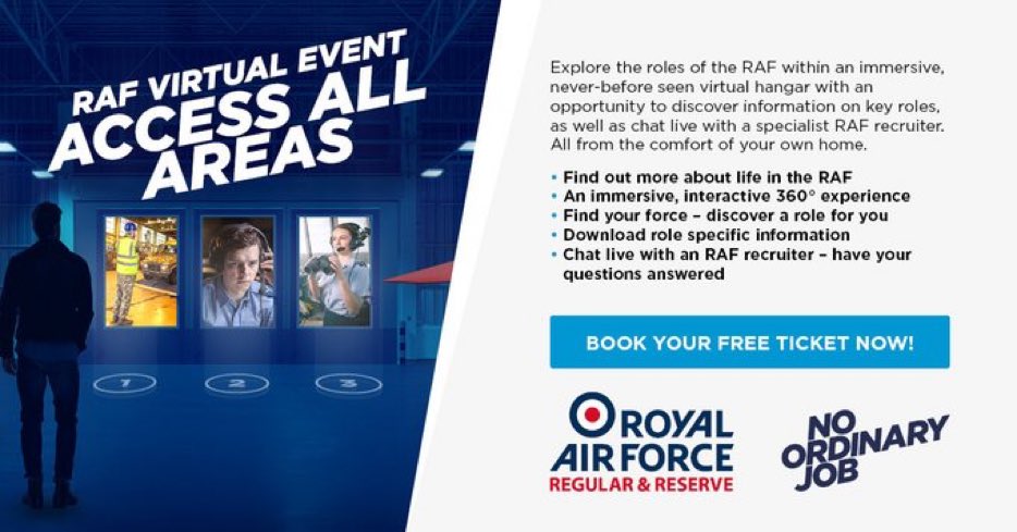 RAF Access All Areas is back! Our popular virtual event will be taking place on Wed 18 Aug from 1830-2030. This is your chance to explore all the different roles available in an immersive and exciting virtual space. Tickets are FREE!