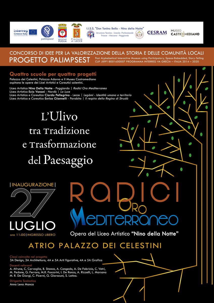 #ProvinciadiLecce “Radici, Oro, Mediterraneo”: oggi nell’atrio di Palazzo dei Celestini a lecce l’inaugurazione dell’opera del Liceo Artistico Della Notte di Poggiardo 
per il progetto #Palimpsest