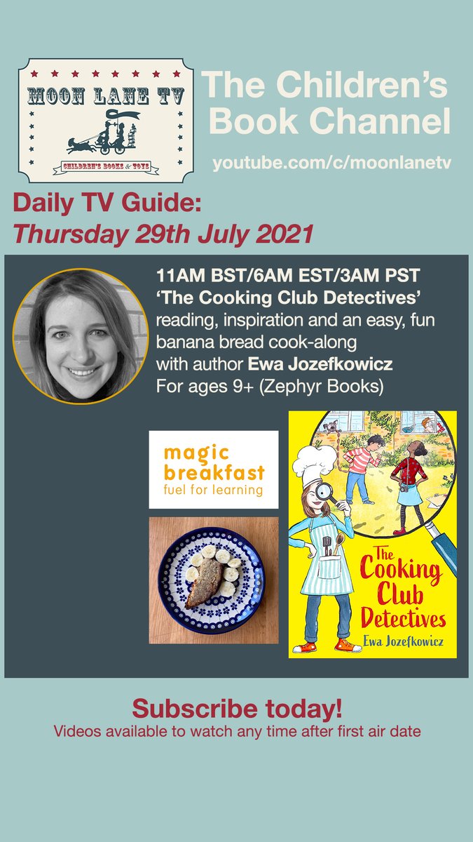 moonlaneink's tweet photo. 🍽️THE COOKING CLUB DETECTIVES🍽️ with Ewa Jozefkowicz 

🎠📺Thursday 29th July at 11AM BST/6AM EST/3AM PST  Moon Lane TV The Children’s Book Channel https://t.co/3vIzmwrFF4

(for ages 9+)

@EwaJozefkowicz

get the book at https://t.co/2mw7Z8gJzW https://t.co/brGiRSiCvz