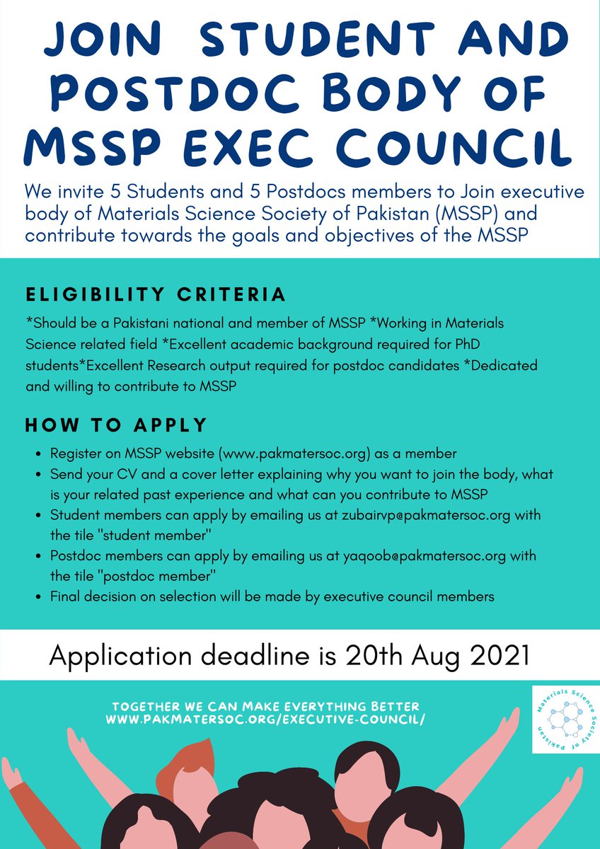 If you are a student or postdoc in Pakistan or abroad, join the student and postdoc body of Materials Science Society of Pakistan (MSSP) and be the part of decision making.
pakmatersoc.org
lnkd.in/eSc6Ssn