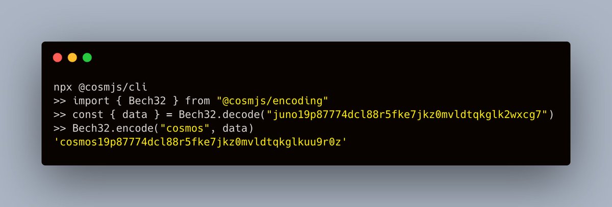 simon_warta's tweet image. Did you know that you can convert a @JunoNetwork $JUNO address to a @cosmoshub $ATOM address (and vice versa) in just 3 lines of #CosmJS?