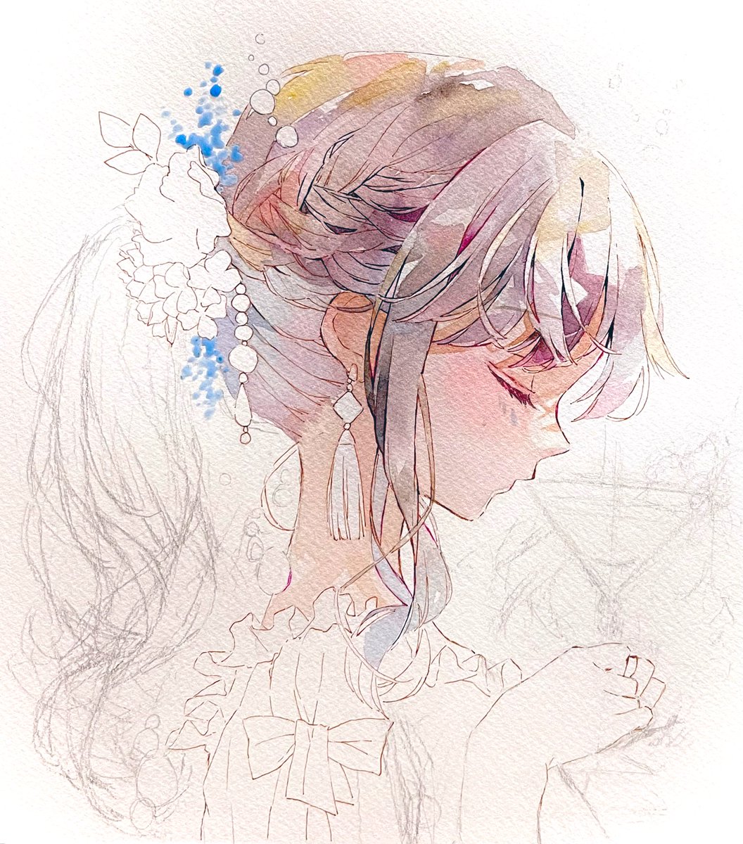 「グラスにキスしている絵を描きます*wip
#Watercolor #illust」|優子鈴(ゆこりん)◆初画集4/24のイラスト