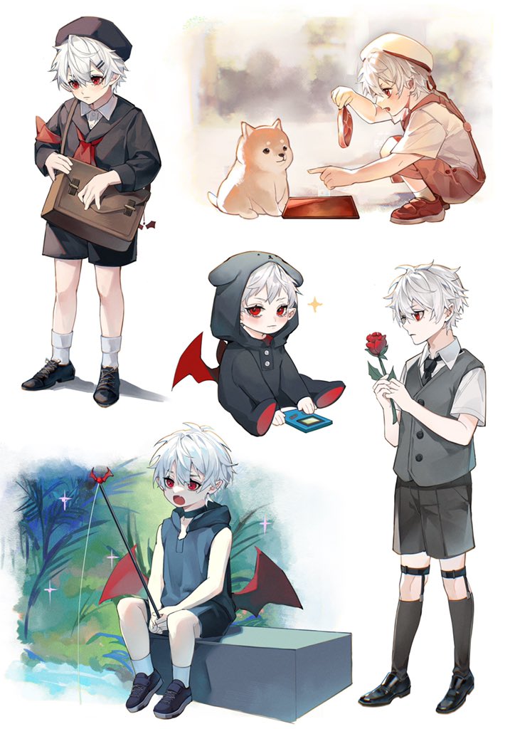 kuzuha (nijisanji) male focus red eyes 1boy white hair shorts wings vampire  illustration images