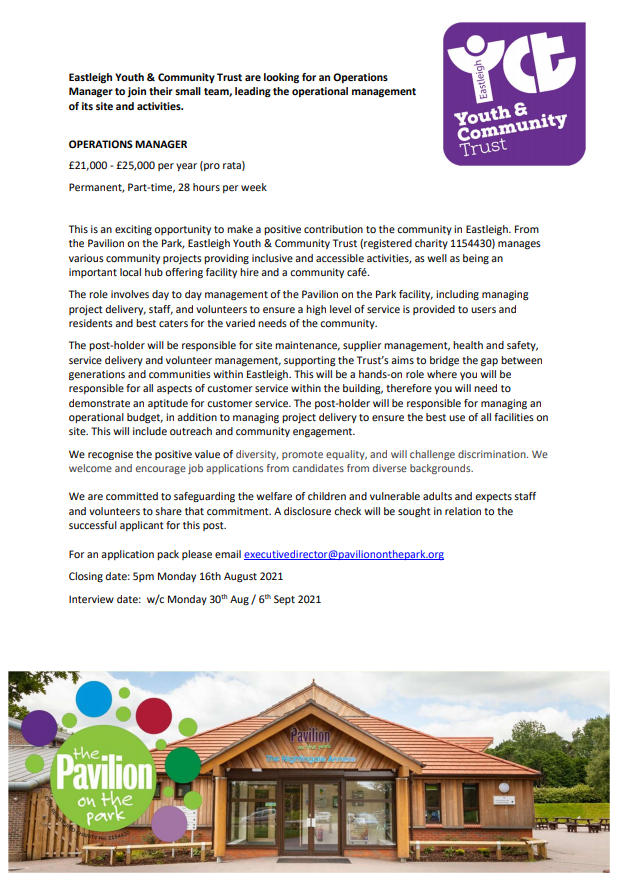 Pavilion on the Park is a fantastic local charity to work for, and we're hiring...

Evening &amp; weekend caretakers
Cafe staff for Blackbird Cafe
Operations Manager

Lots of flexibility in hours/days worked etc.

Please pass to any friends or family who may be interested!