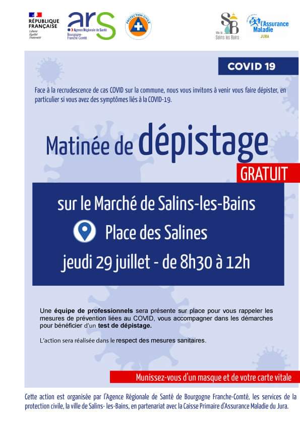 Protec39's tweet photo. 📍Une matinée de dépistage de la COVID19 est organisée ce jeudi sur le marché. Les services de la protection civile seront installés au pied de la Grande Saline de 8h30 à 12h.

#salinslesbains #ProtectionCivile #COVID19 @Prefet39 @arsbfc @l_amjura https://t.co/eBNaBsaOoH