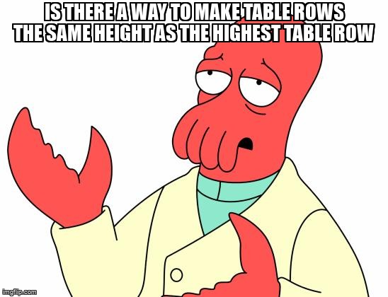 overflow_meme's tweet image. Is there a way to make table rows the same height as the highest table row stackoverflow.com/questions/6853… #html #htmltable #css #javascript #jquery