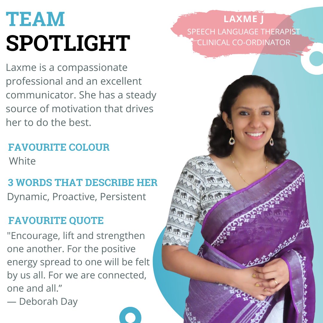 1specialplace's tweet photo. 💡Team Spotlight: LAXME J (Speech Language Therapist, Clinical co-ordinator at 1SpecialPlace).
.
.
#speechtherapyteam #indiaspeechtherapy #slpsgodigital #teletherapyslp #teleslpeeps #teleslpindia #telespeechtherapy #telepractice https://t.co/DUXVKPeupg