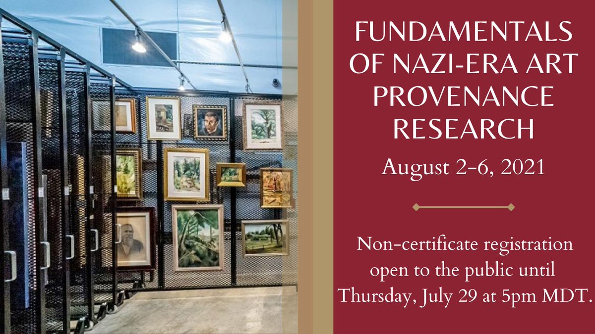 UofDenver_ACE's tweet photo. 3 days left to register! Join top historians, researchers and practitioners to learn theory and praxis of #provenance research. Non-certificate registration open to the public through 7/29, recordings available for one year. Generously supported by @KressFdn -- join us! https://t.co/njLsNMl9Ei