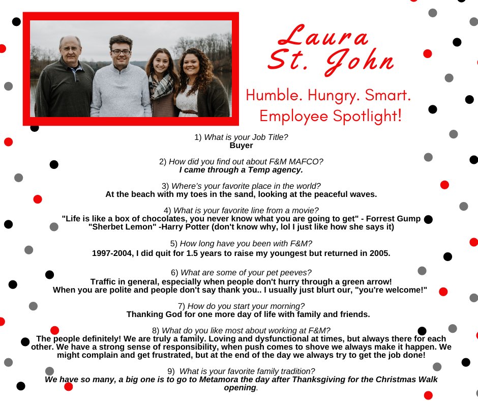 FMMAFCO's tweet photo. This weeks Humble. Hungry. Smart. Employee Spotlight features Laura St. John! Check out her answers from a little Q&amp;A we did to get to know her a little better!
Laura is a wonderful asset and we are very grateful to have her as a team player in our organization! https://t.co/eisJwp0eaO