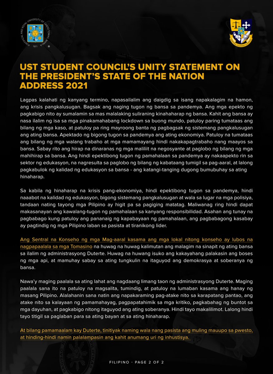 MUST-READ: UST CENTRAL AND LOCAL STUDENT COUNCILS' UNITY STATEMENT ON THE PRESIDENT'S STATE OF THE NATION ADDRESS 2021

#SONA2021
#SONAgKaisa
#WakaSONA

1/2