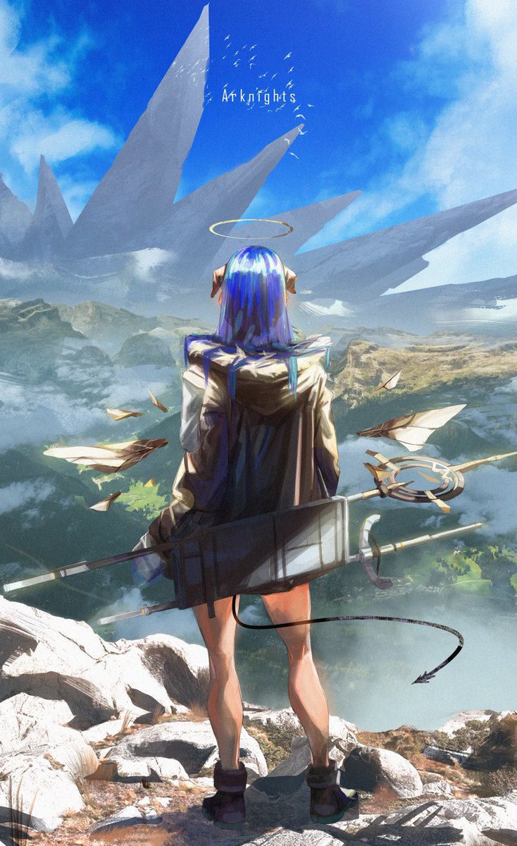 mostima (arknights) 1girl horns blue hair tail staff halo outdoors  illustration images