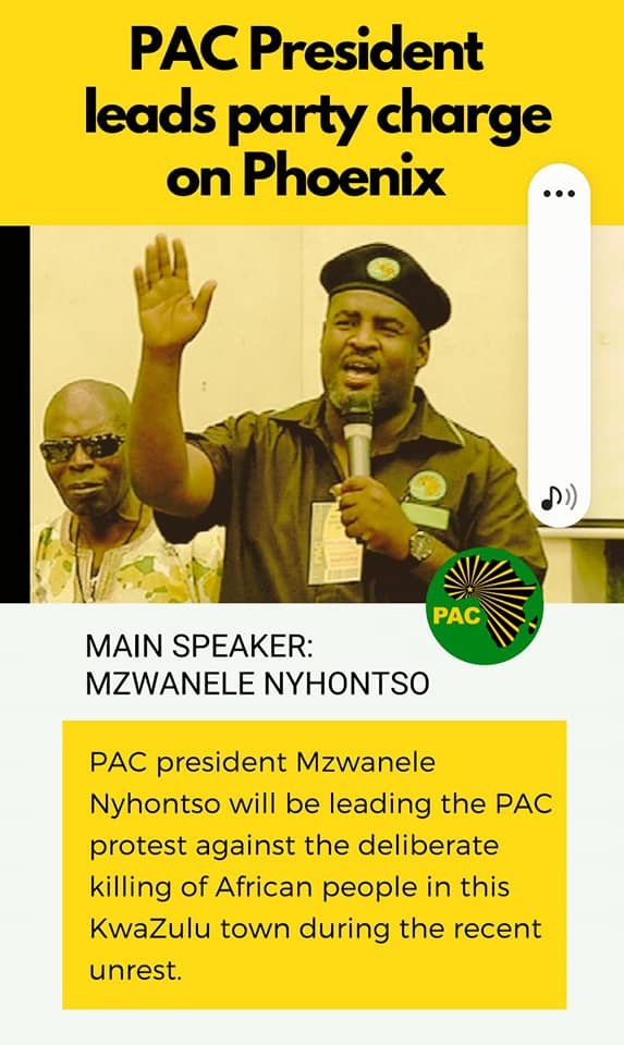We say NO to the indiscriminate killing of African people in Phoenix. This Saturday I join PAC members in KZN in protest against the barbaric acts we witnessed in Phoenix a few weeks ago.