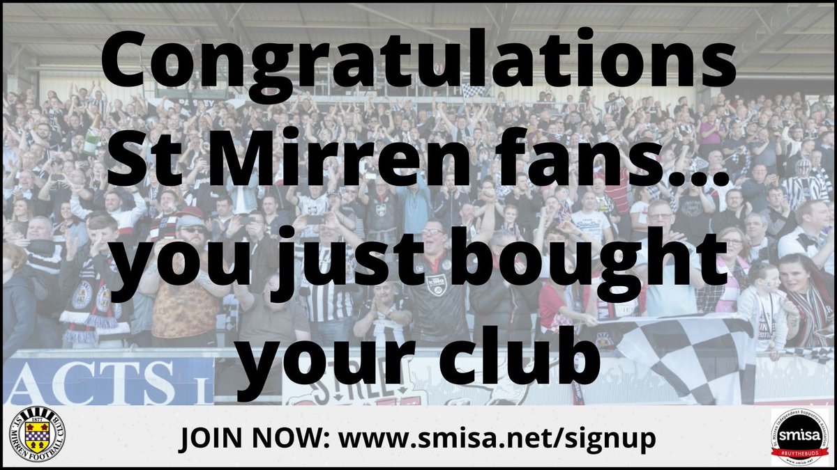 Today is a historic day for St Mirren FC…SMISA has now completed the purchase of Gordon Scott’s remaining shares, taking our stake in the club to 51%. For the first time our club is majority owned by its supporters /1