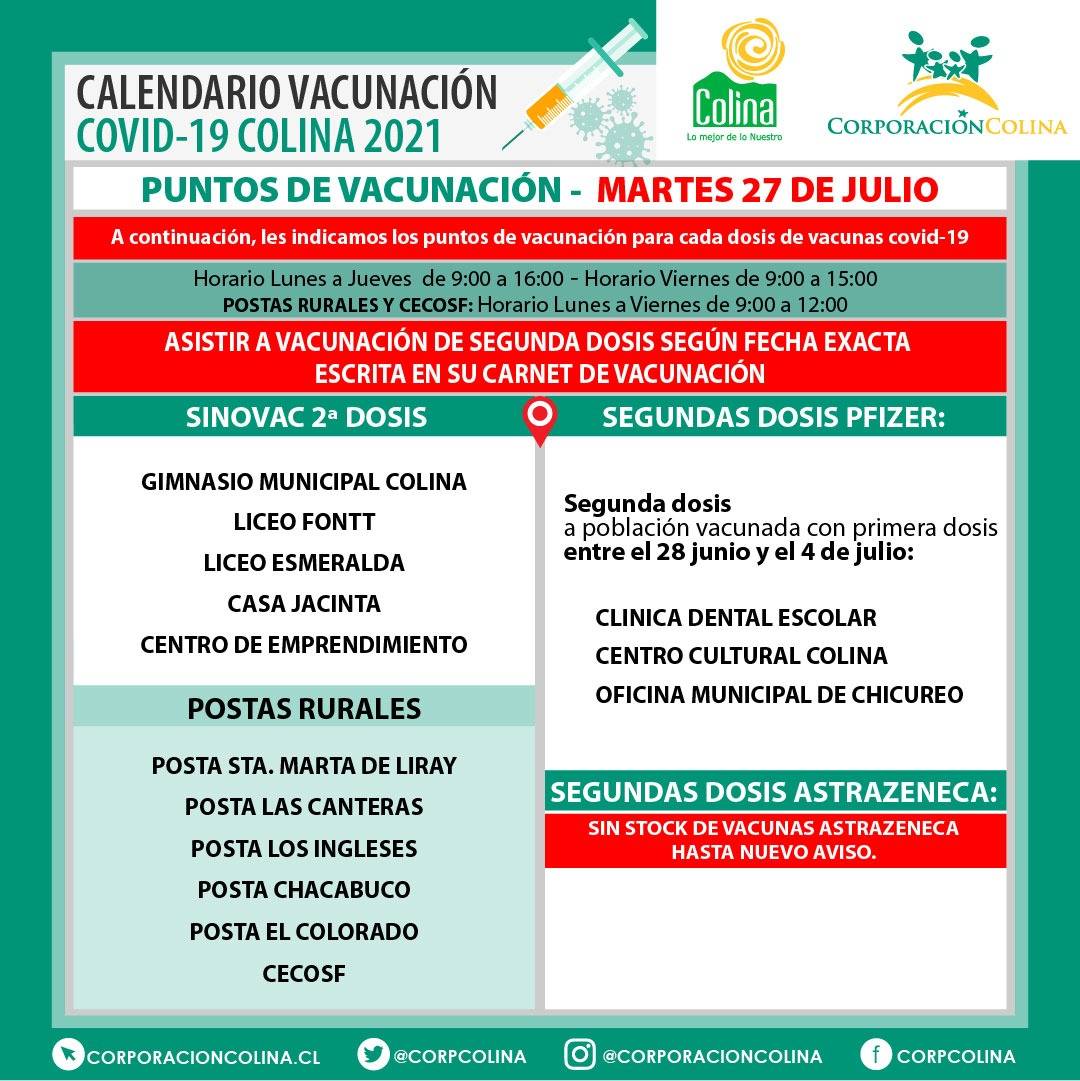 #VacunaciónCOVID19
<a href="/CorpColinaSalud/">CorpColinaSalud</a> informa el calendario de vacunación contra el #COVID19 de esta semana para quienes requieran segundas dosis y embarazadas.
Mantente atento para más informaciones sobre los stocks de vacunas, según informe <a href="/ministeriosalud/">Ministerio de Salud</a>.
<a href="/imvalenzuela/">Isabel Valenzuela</a>