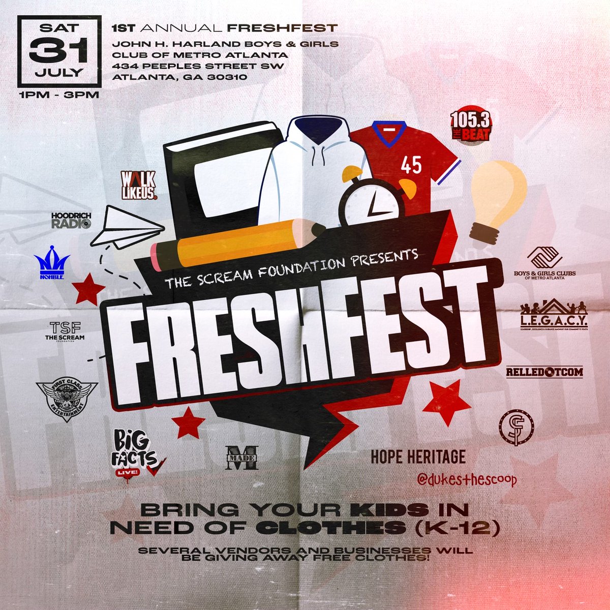 BGCMAATL's tweet image. Hey, parents! Free backpacks, toiletries + other #backtoschool essentials available this Saturday, July 31 - 1pm-3pm at the Harland Boys &amp;amp; Girls Club! Huge thanks to @DJSCREAM + the Scream Foundation for this opportunity to support our families &amp;amp; kids! #BGCMA #GreatFutures