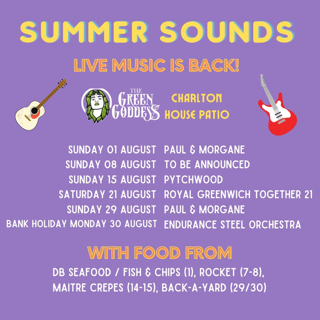 Super proud to be announcing our ‘Summer Sounds’ line up. Each Sunday through August we’ll have different performers and lovely food to go with our many different beers! 
#LiveMusicIsBack #Charlton #SE7 #CraftBeer #caskisback