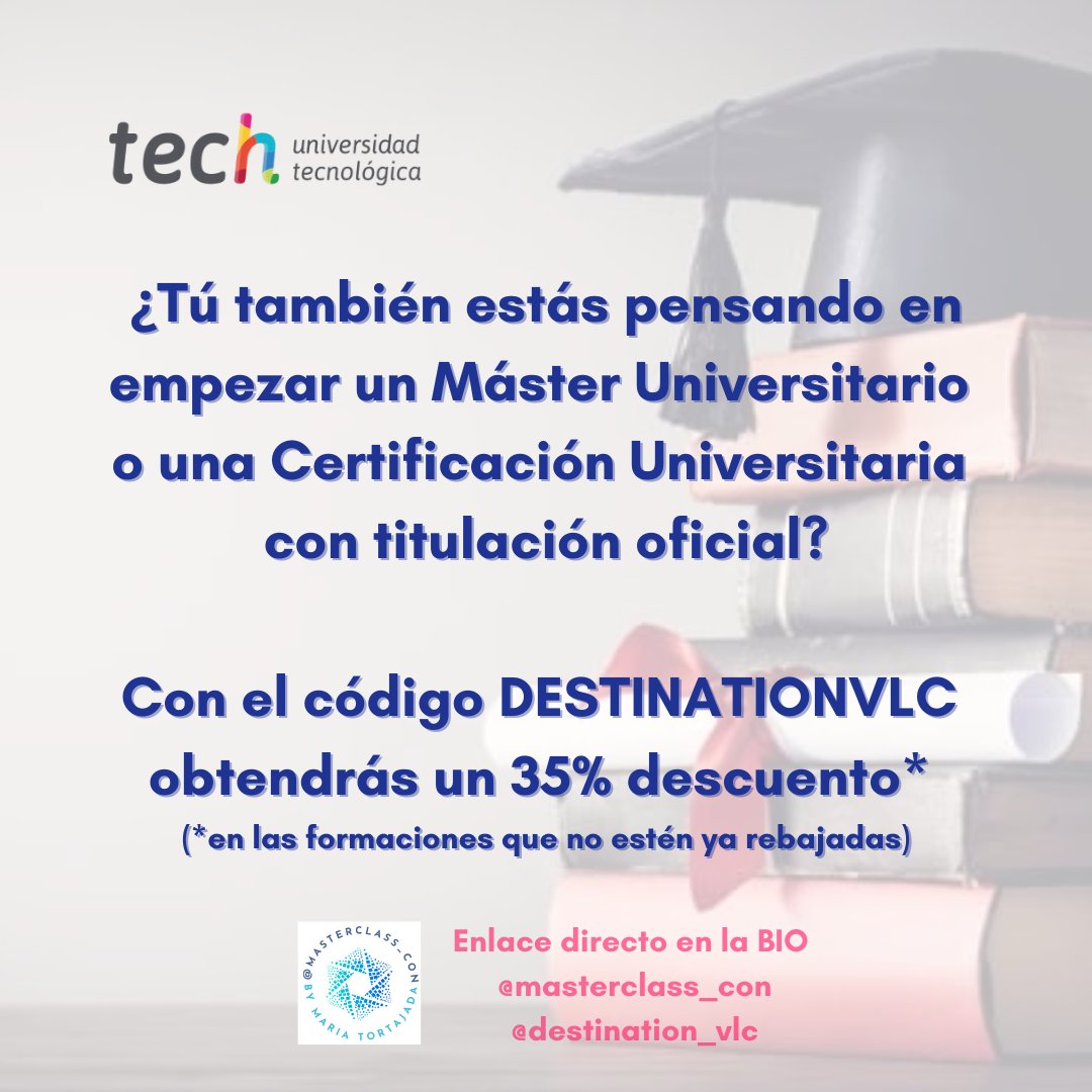 destination_vlc's tweet photo. ¿Cerrando el curso y con la cabeza puesta en el próximo?Si como a mí, te gusta no parar de formarte, recuerda que TECH UNIVERSIDAD (la mayor universidad digital del mundo) tienes un 35% de descuento con mi código DESTINATIONVLC como #brandambassador +info: https://t.co/7qzaz5bxAj https://t.co/jYemxSG60D