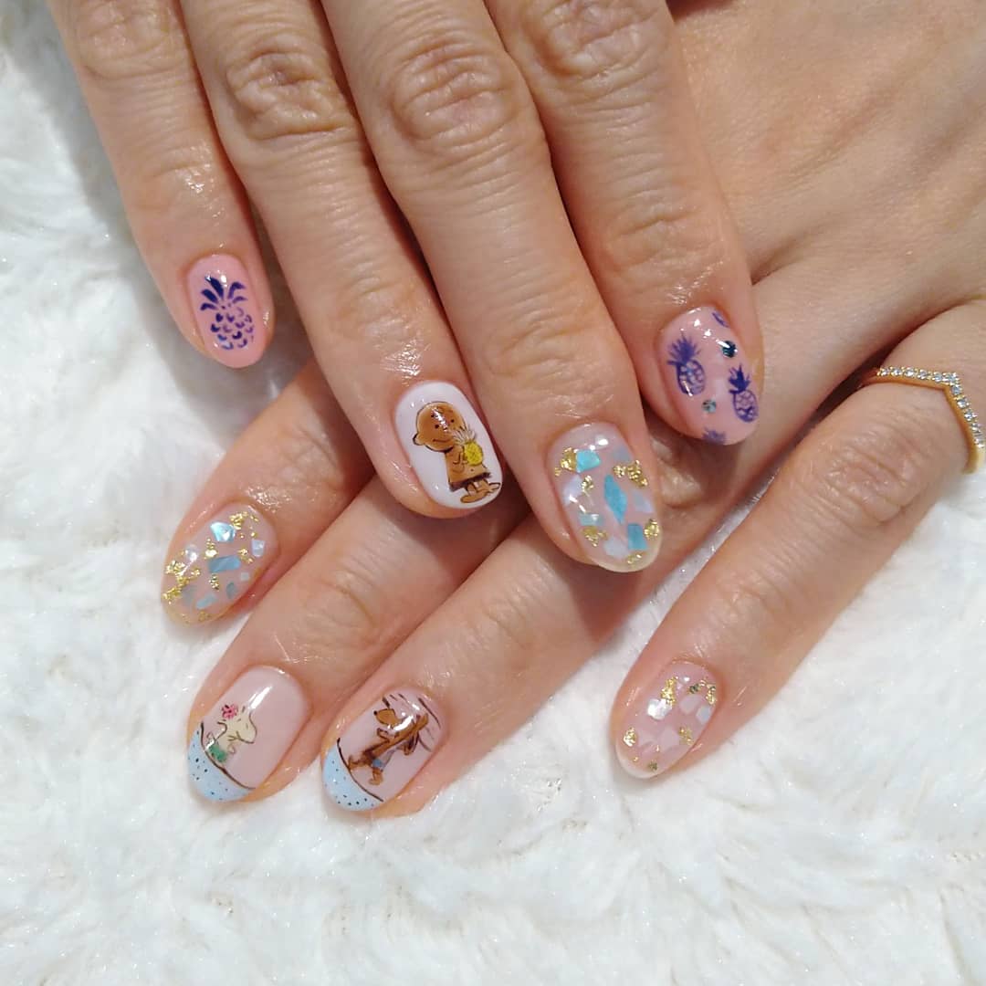 Erie S Nerd Nails お客様ネイル 日焼けスヌーピーも可愛い あと閉店しちゃったハワイのお店のパイナップル ありがとうございました ネイル 痛ネイル キャラネイル ネイルアート アート 模写 スヌーピー スヌーピーネイル 日焼けスヌーピー