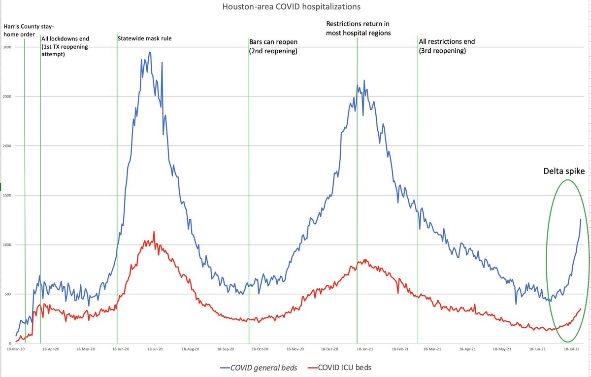 zachdespart's tweet photo. 🚨 Houston-area COVID hospitalizations are rising at a rate higher than almost any time during the pandemic. 
# has tripled in the past month.
54% here fully vaxxed (which means ~2 million people aren't)
I'll post this slide daily but bottom line: #Delta variant *very* dangerous. https://t.co/VPJRs2SPE0