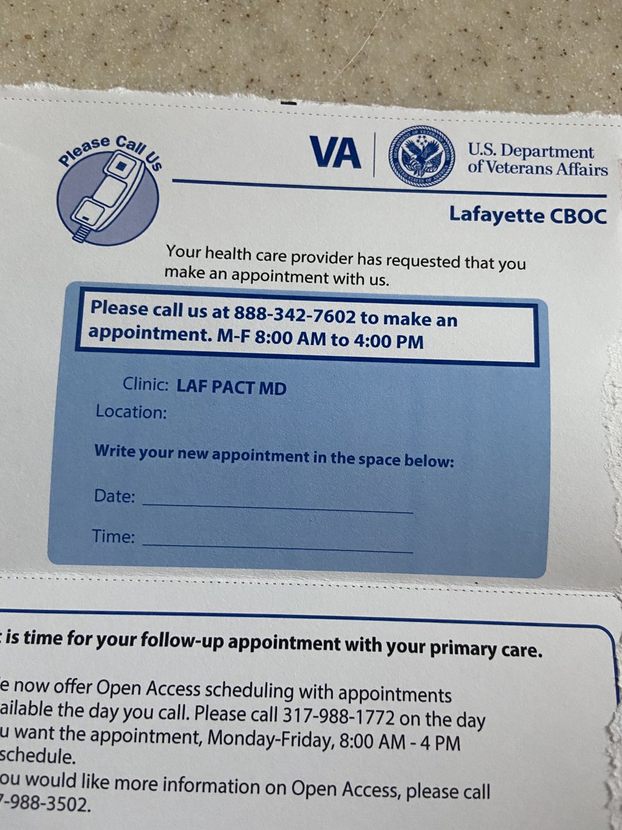 watersfor's tweet image. I received this card in the mail on Monday. I called to make an appointment and was told that I would have to wait and call back on September 6th. or later to actually get an appointment made. Why send me this to just tell me to call back in five or six weeks. V.A. getting  worse