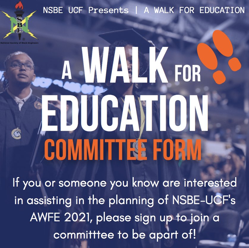 NSBEUCF's tweet photo. Join NSBE-UCF’s A Walk for Education 2021 Committee! Let’s ignite the desire for students to join STEM and understand the resources available to them to further their education!

Link in Bio to sign up for the Committee https://t.co/F5o42v8K9o