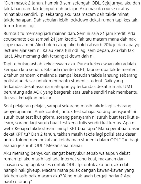 |MAHASISWA KECEWA|

Ini antara luahan para mahasiswa tentang kekecewaan mereka tentang pengurusan. Luahan demi luahan dibuat. Apa solusi daripada KPT, setelah setahun setengah kita ber-ODL.
