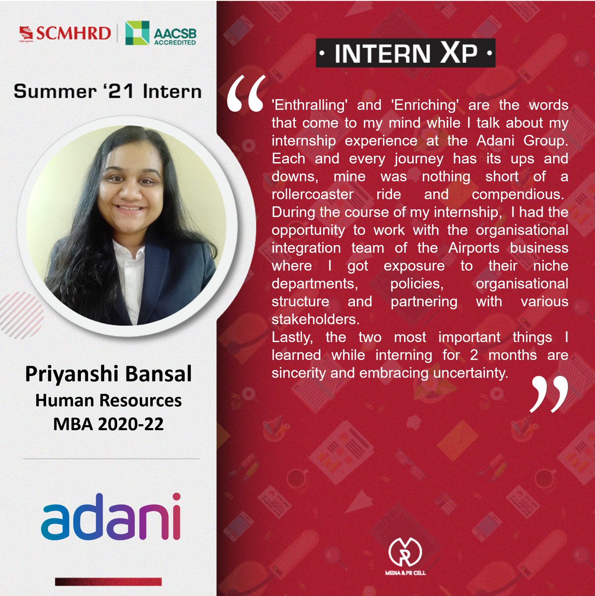 SCMHRDian's tweet photo. In today's feature of InternXP, we'll take a look at the internship journeys of Priyanshi Bansal and Shikhar Bhatt at @AdaniOnline.
#AdaniGroup #InternXP #SCMHRDxp #SummerIntern21 https://t.co/0MMUWVYpXY