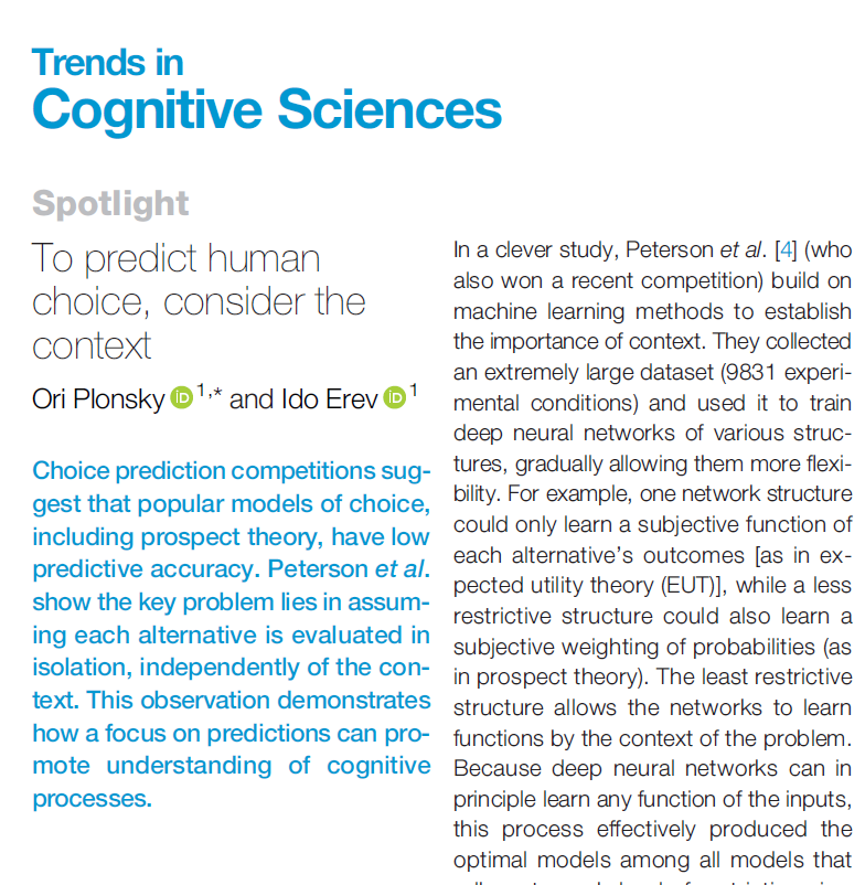 Happy to share this short piece, now online in <a href="/TrendsCognSci/">Trends in Cognitive Sciences</a>: Spotlight on a clever study in <a href="/ScienceMagazine/">Science Magazine</a> by @joshuacpeterson Bourgin, <a href="/mayankagrawal/"></a> @DanielReichman6 <a href="/cocosci_lab/">Griffiths Computational Cognitive Science Lab</a> showing the importance of context in human decision making

authors.elsevier.com/a/1dTsp4sIRvHk… w/ Ido Erev
1/n