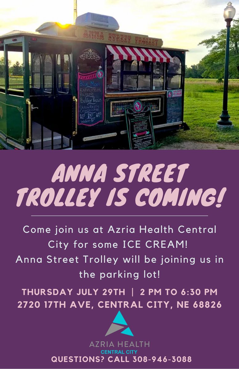 Join #AzriaHealthCentralCity for some ICE CREAM! Anna Street Trolley will be joining us in our parking lot on Thursday, July 29 from 2PM - 6:30PM. We're located at 2720 17th Ave, Central City, NE. Looking forward to seeing you there! 

#AzriaHealth #IceCream #AnnaStreetTrolley