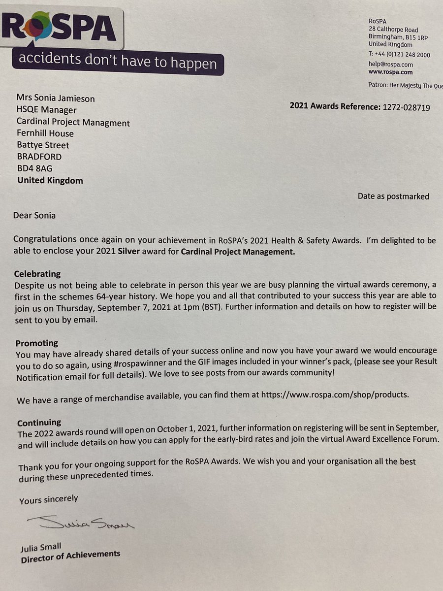 As ‘Awards Season’ continues it’s brilliant to receive our confirmation letter from RoSPA on our Silver Award!

It’s a virtual ceremony again this year 
#RoSPA #rospawinner #winner #silveraward #healthandsafety #teamcardinal #cardinalltd #investorsinpeople #proud #recognition