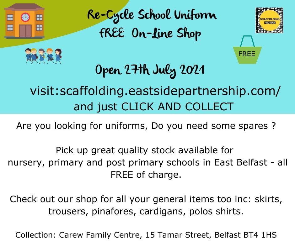 * Re-cycle School Uniform Scheme- Shop is Now Open*

We have received lots of high quality items of pre-loved school uniforms,  now available for you to order FREE OF CHARGE from our #ScaffoldingProject online shop.

ℹ️ scaffolding.eastsidepartnership.com/shop/