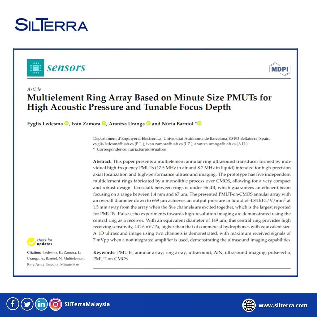 SilTerraMy's tweet photo. The Universitat Autónoma de Barcelona (UAB) recently published a paper on a multielement ring ultrasound transducer array fabricated using SilTerra’s MEMS-on-CMOS process. 
 
Download the PDF to find out more about UAB’s findings.

https://t.co/bb1AyBKgfh

#MEMS  #PMUT  #sensors https://t.co/CDOsZxYUri