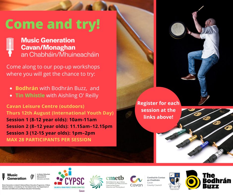 Come and Try! Thurs 12th August. Register at these links: 
Session 1 10am - 11am  (8-12 year olds): eventbrite.ie/e/164853468161 
Session 2 11.15am – 12.15pm (8 –12 year olds): eventbrite.ie/e/164852908487 
Session 3 1pm –2pm   (12-15 year olds): eventbrite.ie/e/164111603223